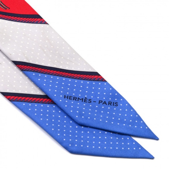 HERMES  Silk Les Voitures A Transformation Twilly Rouge Bleu Gris - Picture 2 of 4